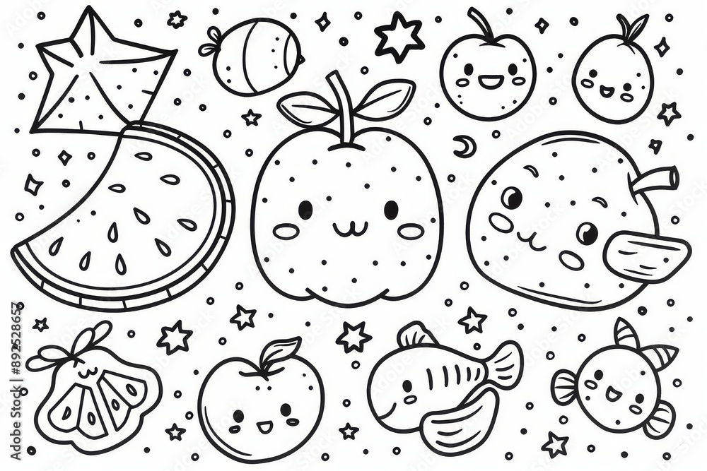 Kawaii dog eating watermelon in a desert with cacti, minimalist style coloring page. Kawaii dog eating watermelon in a desert with cacti, minimalist style coloring page.