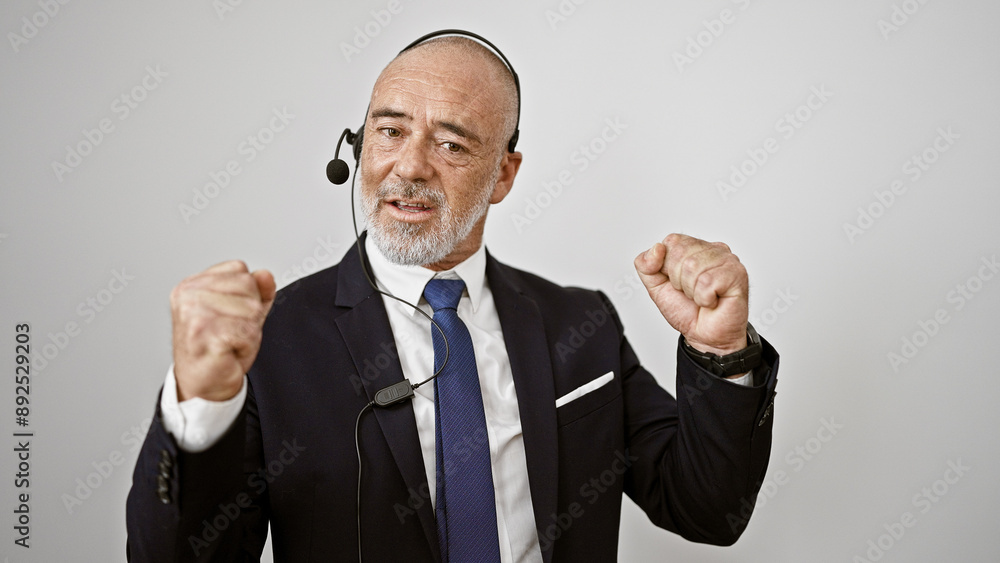 Enthusiastic mature man with headset gesturing success against a white background Enthusiastic mature man with headset gesturing success against a white background