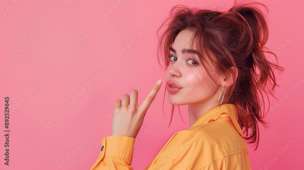 Portrait of a beautiful woman pointing her fingers isolated on a pastel background. Portrait of a beautiful woman pointing her fingers isolated on a pastel background.