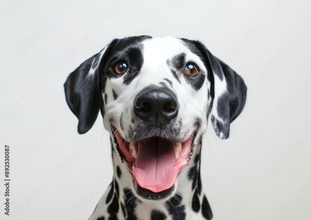 A cute Dalmatian dog sticks out his tongue and smiles on a white background.
