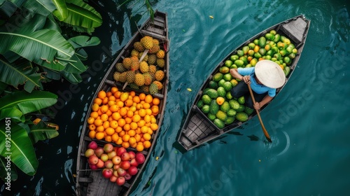 Fototapeta Naklejka Na Ścianę i Meble -  Two boats filled with vibrant tropical fruits like oranges, pineapples, and green mangoes float on a lush river, capturing the essence of a traditional floating market.