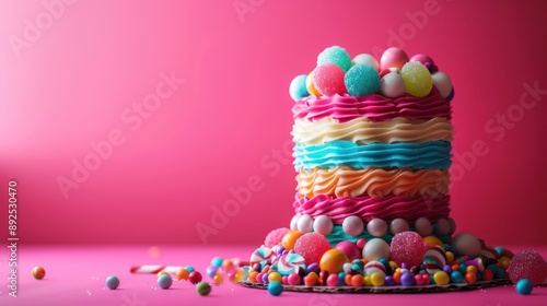 playful candy land cake with colorful candy decorations on a bright pink background, fun and vibrant for cheerful text
