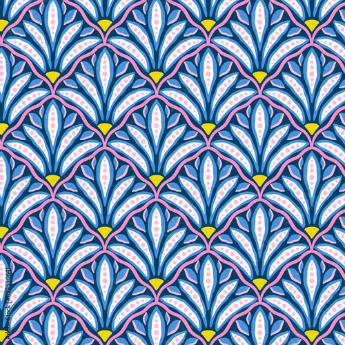 Modern geometrical floral pattern. Abstract design. Botanical contemporary seamless pattern. Damask style. Bright colored pattern.