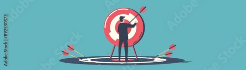 Illustration of a person aiming at a large target with arrows, symbolizing focus, determination, and striving for success. photo