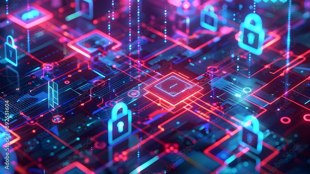 An abstract illustration representing the concept of cybersecurity, with digital locks, shields, and encryption codes, highlighting the importance of protecting data and digital privacy. An abstract illustration representing the concept of cybersecurity, with digital locks, shields, and encryption codes, highlighting the importance of protecting data and digital privacy.