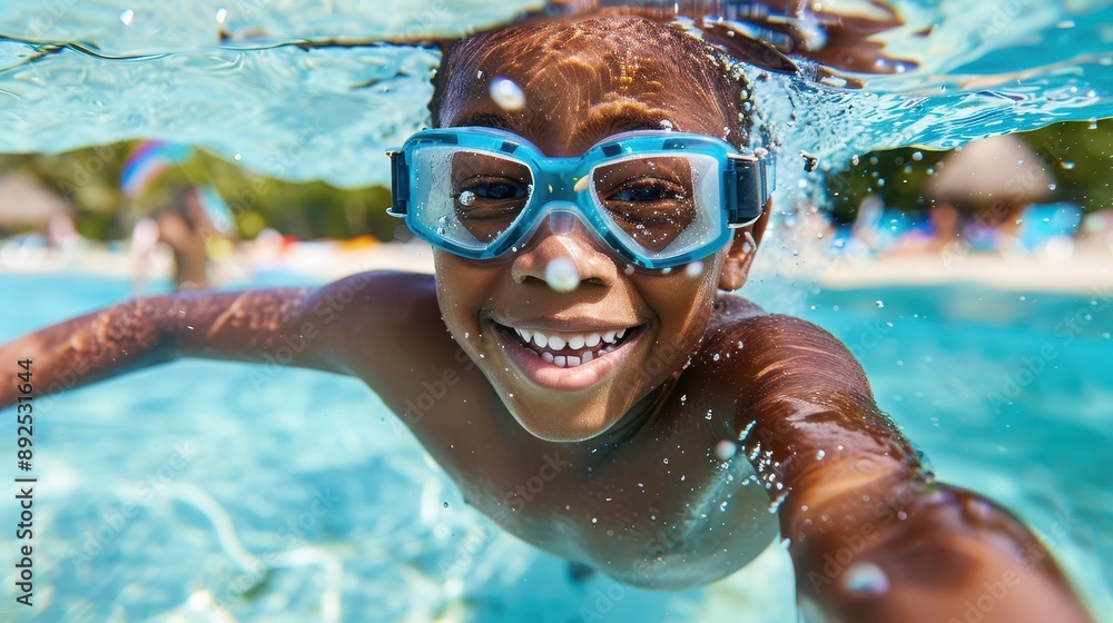 Naklejka premium An individual swims underwater wearing goggles, capturing the joy and freedom of swimming in a clear blue pool on a sunny day, emphasizing movement and aquatic adventure.