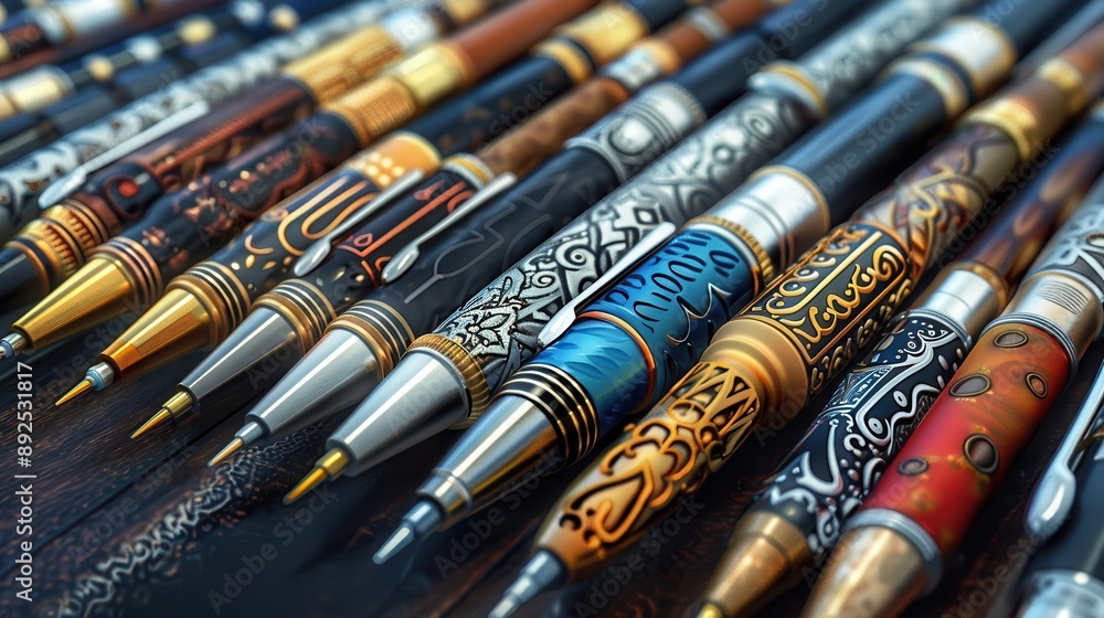 Close-up of intricately designed pens in a row showcasing elaborate patterns and vibrant colors. Luxurious writing instruments for collectors. Close-up of intricately designed pens in a row showcasing elaborate patterns and vibrant colors. Luxurious writing instruments for collectors.
