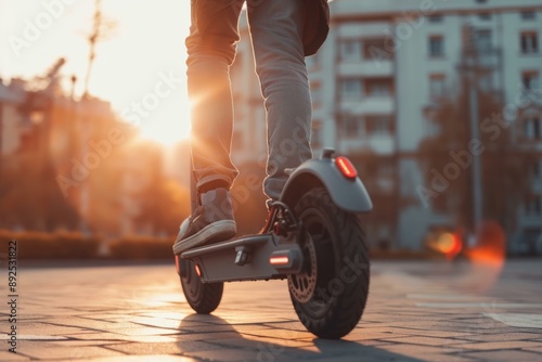 Close-up of a person riding an e-scooter on a city street with the warm glow of sunset