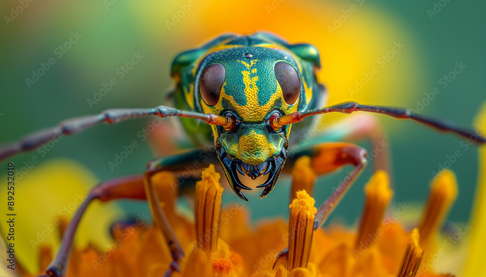 Fototapeta premium A close-up of a colorful beetle with intricate patterns on its body, perched on a yellow flower. 