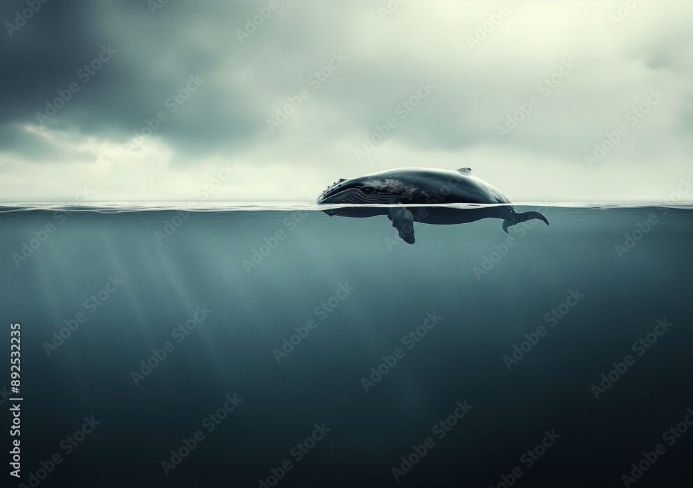 Naklejka premium A whale swims just below the surface of a vast, calm ocean under a cloudy sky. 