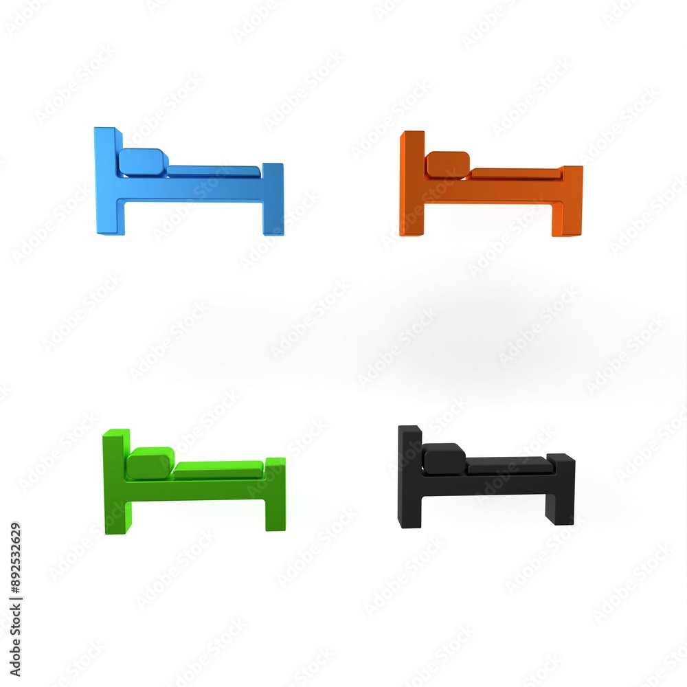 Colorful Bed icon isolated on white background. Minimalism concept. 3D render illustration Colorful Bed icon isolated on white background. Minimalism concept. 3D render illustration