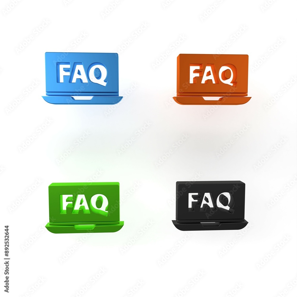 Colorful Laptop and FAQ icon isolated on white background. Adjusting, service, setting, maintenance, repair, fixing. Minimalism concept. 3D render illustration Colorful Laptop and FAQ icon isolated on white background. Adjusting, service, setting, maintenance, repair, fixing. Minimalism concept. 3D render illustration