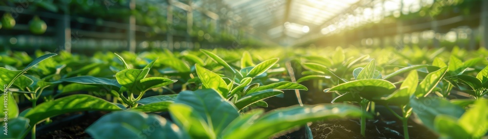 Lush green plants growing in a sunlit greenhouse, representing sustainable agriculture and eco-friendly farming practices. Lush green plants growing in a sunlit greenhouse, representing sustainable agriculture and eco-friendly farming practices.