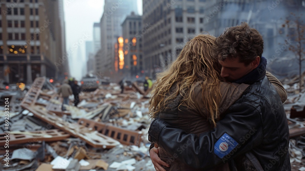 A group of people embracing near the site of the attacks A group of people embracing near the site of the attacks