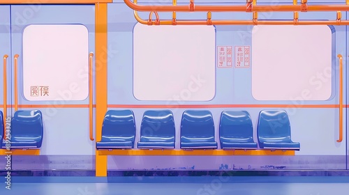 An advertising poster featuring an empty subway carriage with blue seats and orange armrests, capturing the city's light yellow walls and white ceiling. To used as promotional material 