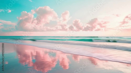 Vaporwave Tropical Beach with Neon Reflections and Serene Pink and Turquoise Background.