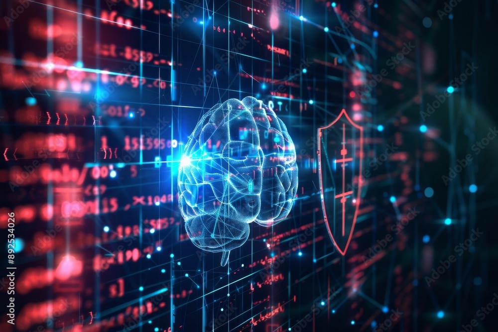 a human brain juxtaposed with a holographic AI brain, both connected by ...