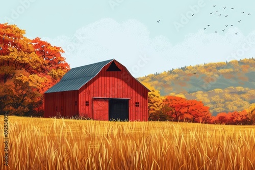 Red Barn in Autumn Field