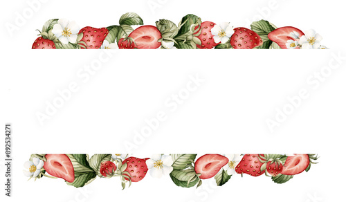 Strawberry, berries with white flowers and leaves, watercolor isolated food illustration. Horizontal frame for cards photo