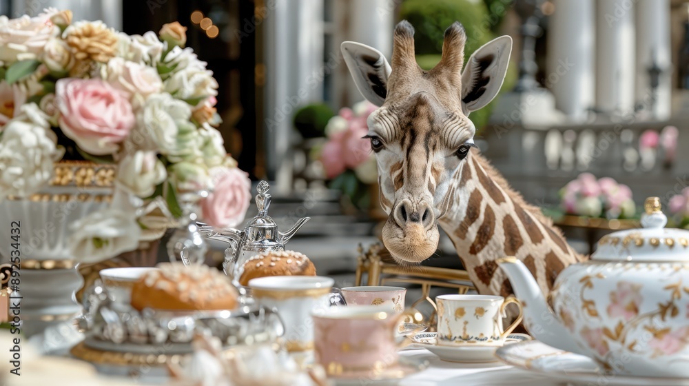Fototapeta premium A giraffe curiously exploring an ornate tea table adorned with elegant dishes, set in a beautifully decorated space, merging wildlife with sophisticated human activities.