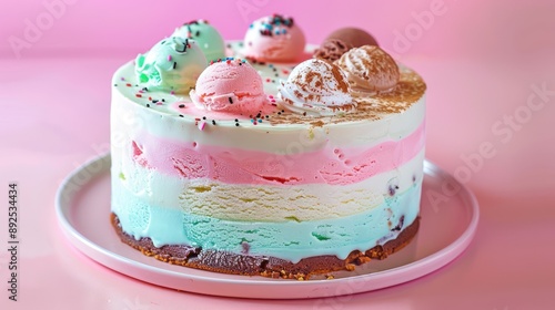 playful ice cream cake with layers of different flavors on a pastel background, fun and inviting for celebratory text