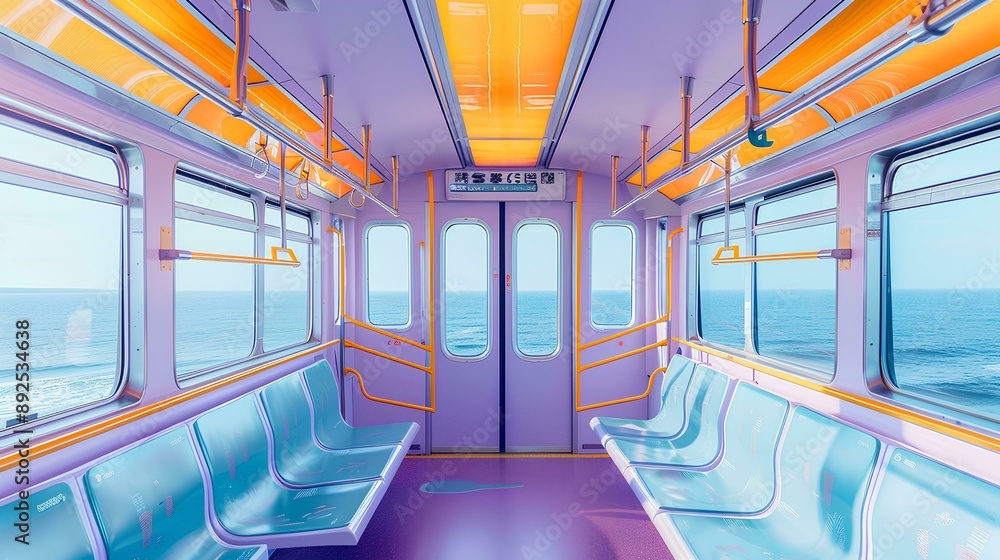 Fototapeta premium An advertising poster featuring an empty subway carriage with blue seats and orange armrests, capturing the city's light yellow walls and white ceiling. To used as promotional material 