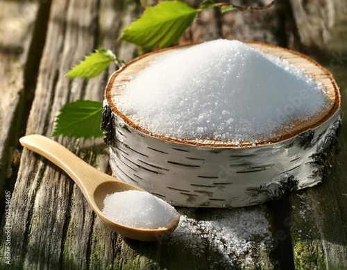 Xylitol sweetener - birch tree with sugar and spoon photo