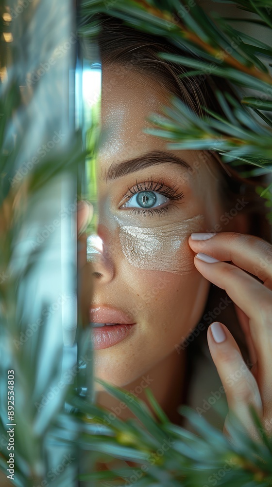 A woman blending foundation on her face, reflected in a mirror with soft, natural lighting. A woman blending foundation on her face, reflected in a mirror with soft, natural lighting.
