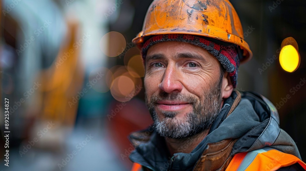 Middle-aged male construction worker with a beard smiling while wearing a helmet and reflective vest at a busy construction site. Middle-aged male construction worker with a beard smiling while wearing a helmet and reflective vest at a busy construction site.