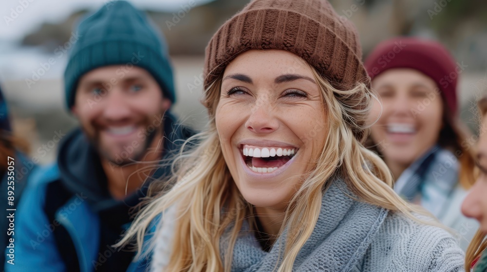 A group of friends shares a laugh while spending time at the beach on a cool day, bundled up in warm clothing, capturing a moment of shared joy and friendship by the sea. A group of friends shares a laugh while spending time at the beach on a cool day, bundled up in warm clothing, capturing a moment of shared joy and friendship by the sea.