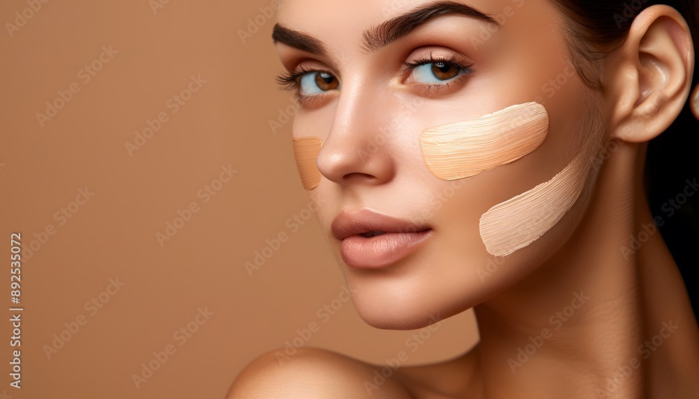 Woman with Foundation Swatches on Face Against Brown Background, Close-Up