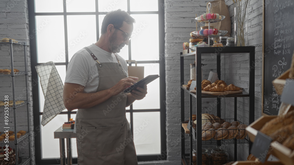 Middle-aged hispanic man working in a bakery room while using a tablet, surrounded by various pastries and bread on display. Middle-aged hispanic man working in a bakery room while using a tablet, surrounded by various pastries and bread on display.