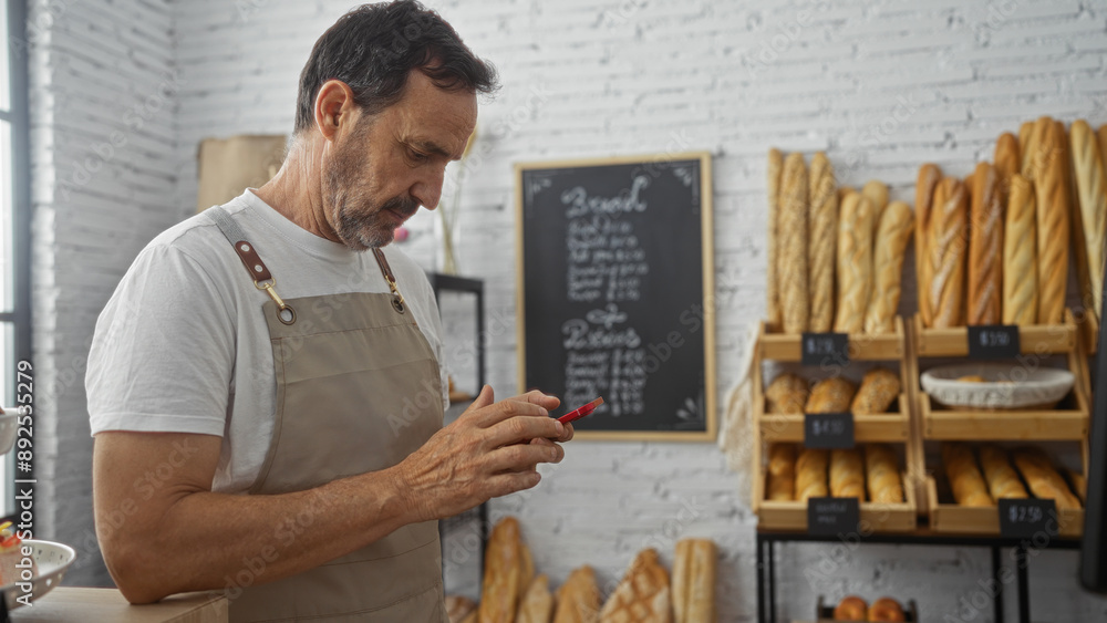 Hispanic man in a bakery checking his phone, surrounded by a variety of bread, indicating a typical indoor bakery setup. Hispanic man in a bakery checking his phone, surrounded by a variety of bread, indicating a typical indoor bakery setup.