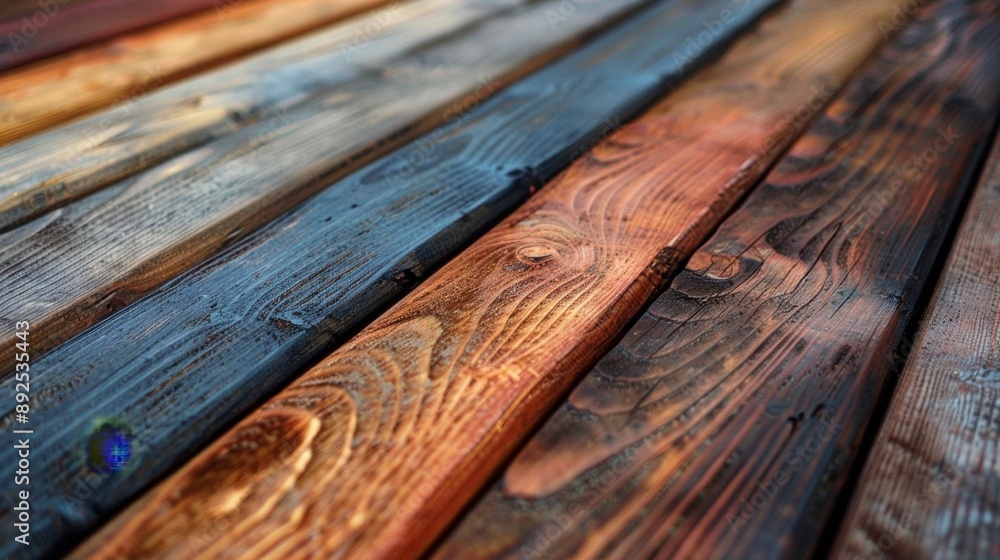 Close-up view of colorful wood planks with varying grain patterns and shades in a horizontal arrangement. Close-up view of colorful wood planks with varying grain patterns and shades in a horizontal arrangement.