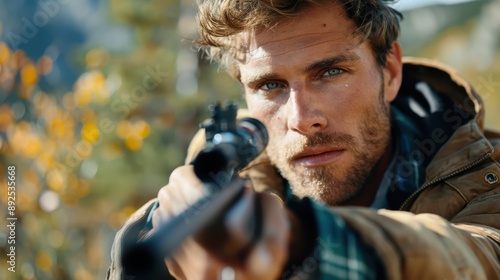 Focused man aims a rifle outdoors, set against a scenic backdrop, demonstrating intensity and concentration, capturing the essence of a dedicated marksman.