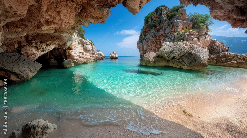 A serene coastal cave with crystal clear turquoise waters, sandy beach, and dramatic rocky outcroppings creating an inviting and tranquil natural hideaway.