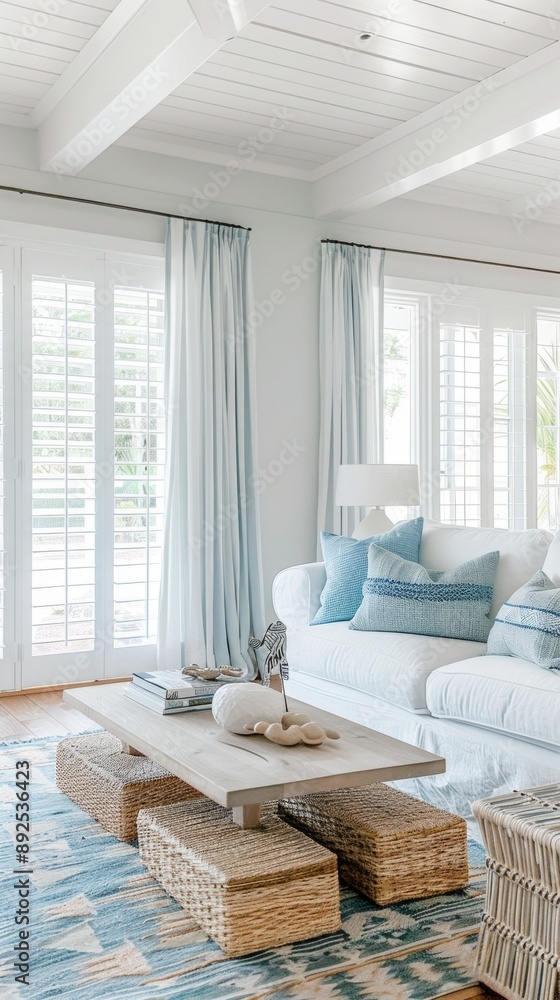 Obraz premium A living room with a coastal theme. White walls and a ceiling with exposed beams create a feeling of spaciousness. Cozy white sofa, coffee table. a sense of calm and relaxation,