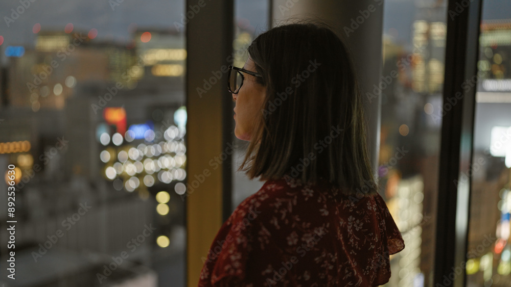 Beautiful hispanic businesswoman in glasses, captivating cityscape view from skyscraper window in japan's urban skyline Beautiful hispanic businesswoman in glasses, captivating cityscape view from skyscraper window in japan's urban skyline