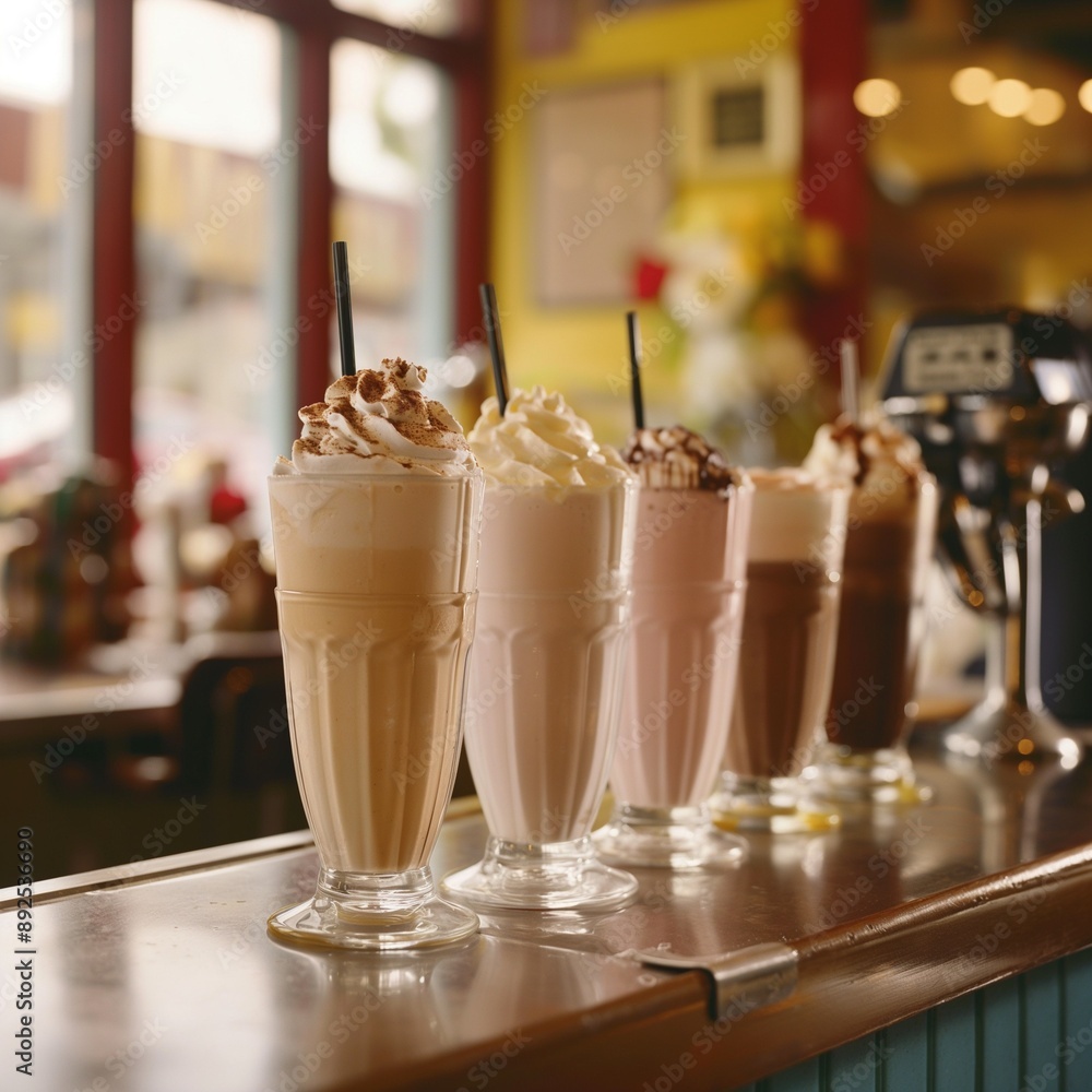 Variety of milkshakes with whipped cream on a vintage diner counter. Ideal for dessert promotions and retro-themed cafes. Variety of milkshakes with whipped cream on a vintage diner counter. Ideal for dessert promotions and retro-themed cafes.