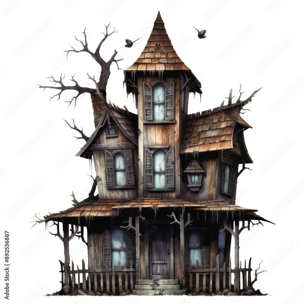 Fototapeta premium Isolated Haunted House with Gothic Architecture and Broken Features.