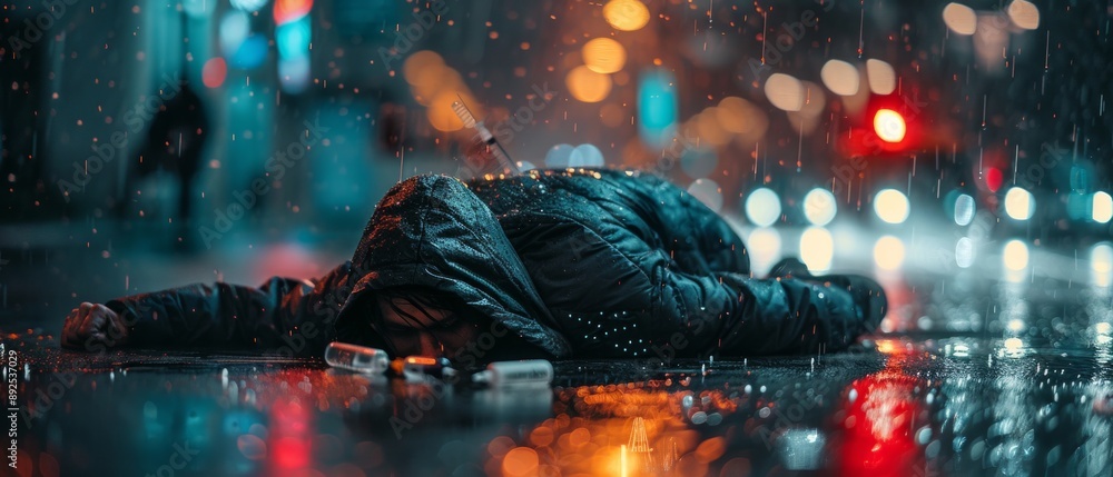 A man lying face down on a wet surface, presumably outdoors, at night. The atmosphere is sad and the setting looks urban. emotional impact or as a representation of urban life difficulties. A man lying face down on a wet surface, presumably outdoors, at night. The atmosphere is sad and the setting looks urban. emotional impact or as a representation of urban life difficulties.