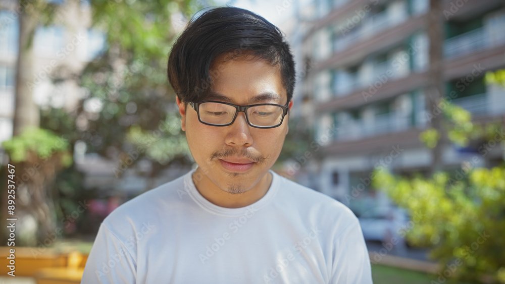A contemplative young asian man in glasses, standing outside amidst urban greenery in a serene city environment. A contemplative young asian man in glasses, standing outside amidst urban greenery in a serene city environment.