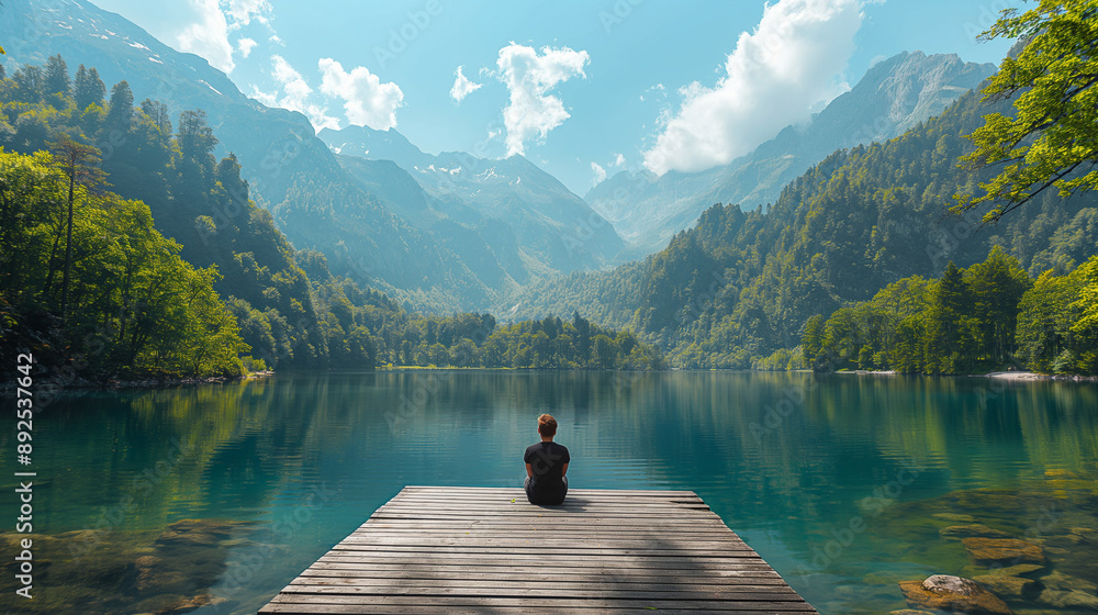 Digital Nomad on Wooden Deck with Lush Mountains and Tranquil Lake Digital Nomad on Wooden Deck with Lush Mountains and Tranquil Lake