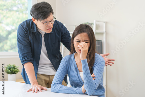 Bilde på lerret Breakup and depressed, asian young quarrel couple love fight relationship in trouble