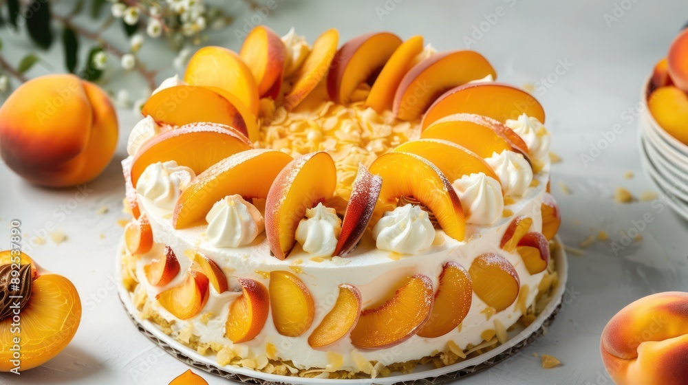 playful peaches and cream cake with fresh peach slices, set against a light olive backdrop playful peaches and cream cake with fresh peach slices, set against a light olive backdrop