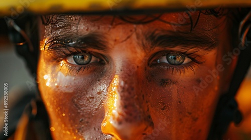 A close-up of a firefighter's eyes