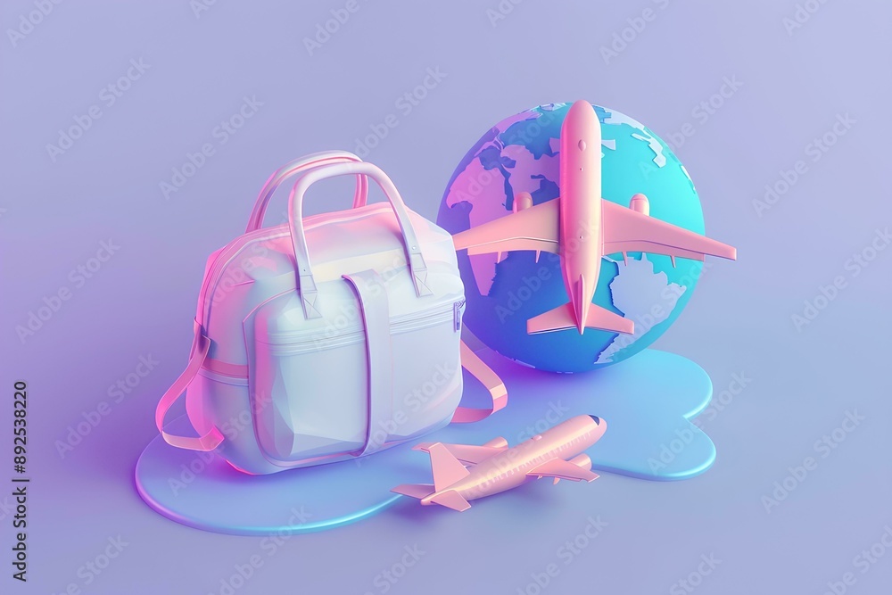 Fototapeta premium 3D isometric icon, travel concept, with globe and suitcase, light purple background color