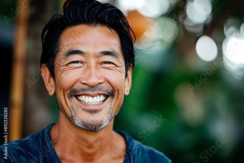 Friendly Asian man smiling. Young smart guy. Generate Ai