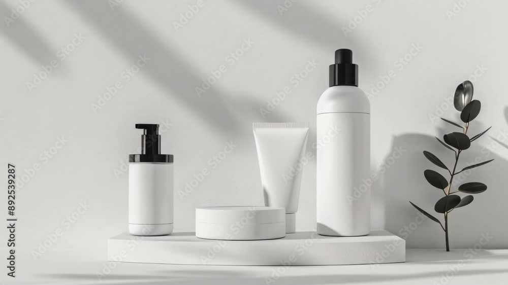 Minimalistic skincare product display with white bottles and natural decor Minimalistic skincare product display with white bottles and natural decor