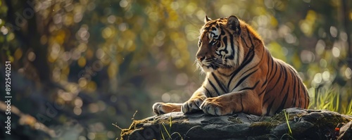 Majestic tiger basking on a rock in its natural habitat, soaking up the sun's rays filtering through the forest